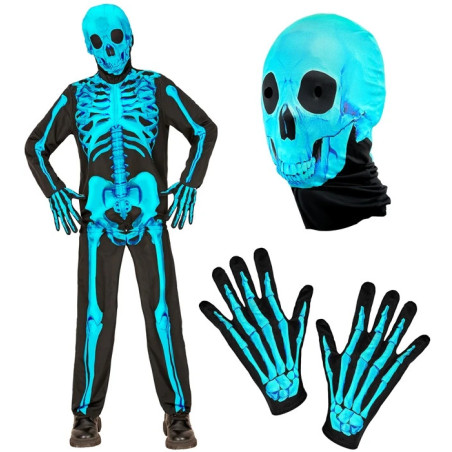 Skeleton costume neon blue, 116-164 cm
