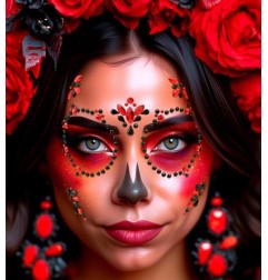 Model with Crystal Face Sticker Day of the Dead red and black for Halloween makeup and Día de los Muertos image
