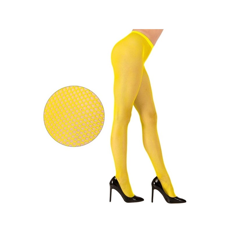 Fishnet tights neon yelleow UV glow, standard Neon yellow fluorescent fishnet tights, standard size, women's costume and party accessory