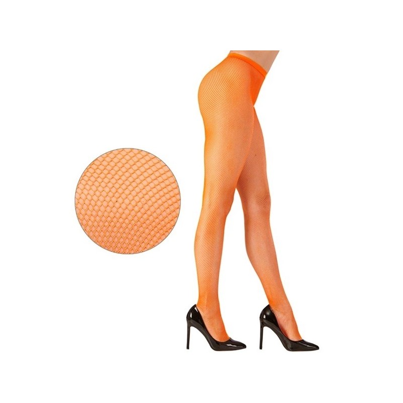 Fishnet tights neon orange UV glow, standard Neon orange fluorescent fishnet tights, standard size, women's party and costume accessory