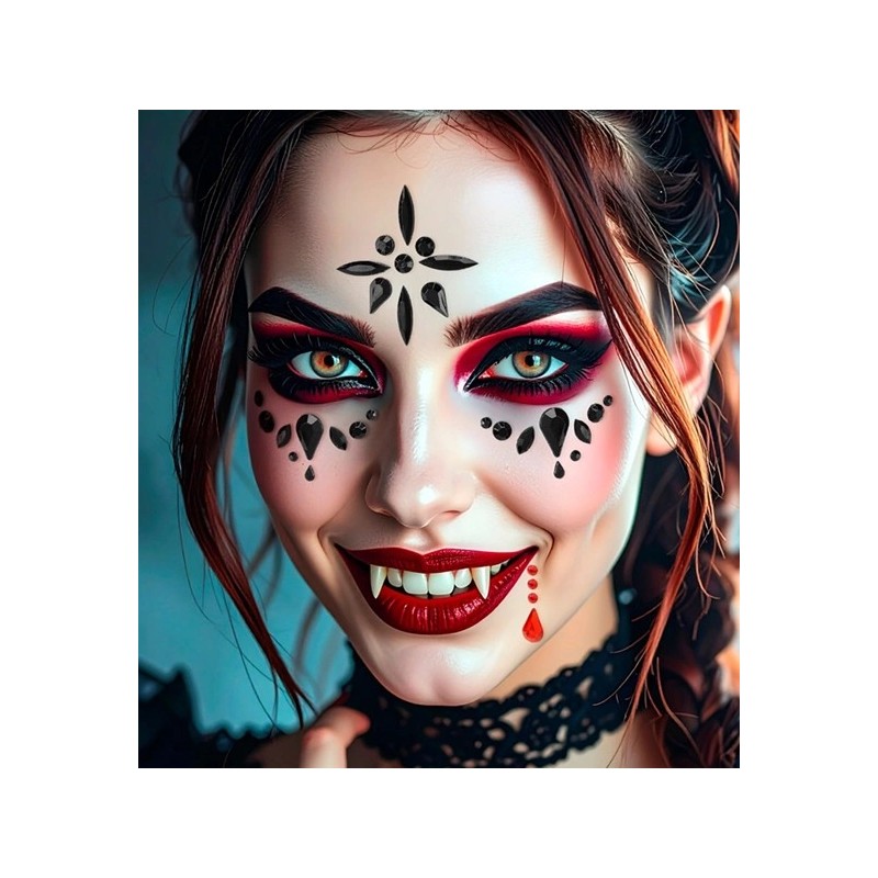 Crystal face stickers in a vampire style, arranged in a dramatic and gothic design, suitable for Halloween or themed events.