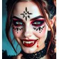 Kristālu sejas uzlīme vampīra stilā, kas izkārtoti dramatiskā un gotiskā dizainā, piemēroti Helovīna vai tematiskiem pasākumiem.