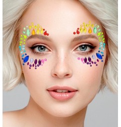 Crystal face sticker with rainbow colored accents, arranged in a decorative, royal pattern on a woman's face