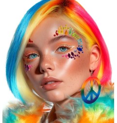 Crystal face sticker with rainbow colored accents, arranged in a decorative, royal pattern on a woman's face