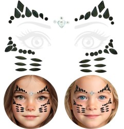 Crystal face sticker in the shape of a cat with glittering rhinestones, arranged in a decorative cat face pattern.