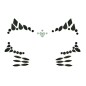 Crystal face sticker in the shape of a cat with glittering rhinestones arranged to depict a cat's face on a girl's face