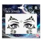 Crystal face sticker in the shape of a cat with glittering rhinestones arranged to depict a cat's face on a girl's face