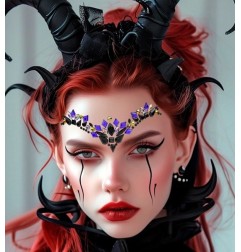 Modele ar dekoratīvām tumšo kristālu sejas uzlīmēm "Malefica" ap acīm un uz pieres