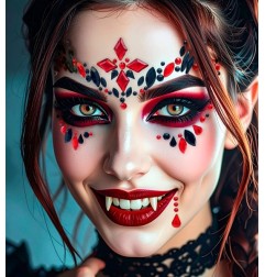 Modele ar sarkanu un melnu kristālu sejas uzlīmēm "Sarkanais Vampīrs" uz pieres un ap acīm